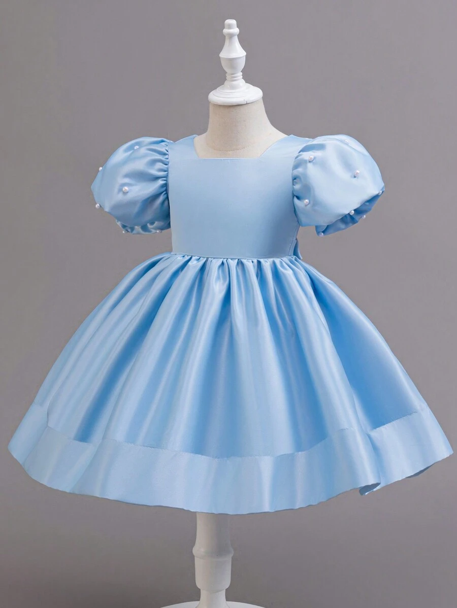 适合年轻女孩的串珠泡泡袖派对礼服，薄纱裙公主裙，适合生日派对、婚礼、花童、所有季节 - 藍色 - 查看 1