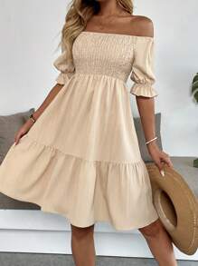 Breezaya Women's Minimalist Off-Shoulder Short Sleeve Dress - Khaki - View 5