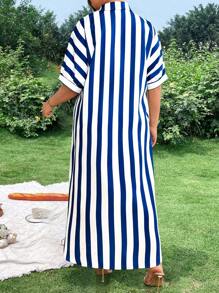 SHEIN LUNE Plus Size Women's Floral, Polka Dot & Stripe Patchwork V-Neck Short Sleeve Asymmetrical Hem Casual Dress, Spring/Summer