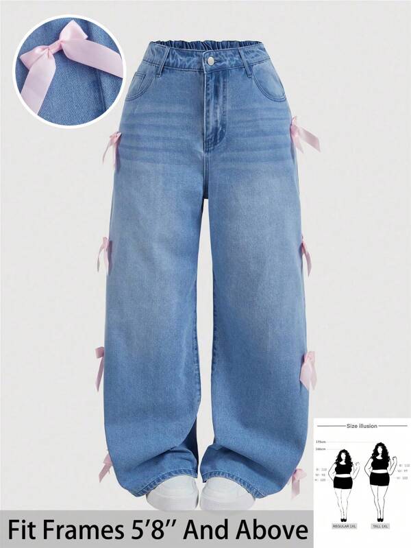 SHEIN Tall CURVE Plus Size Women Bow Decor Blue Denim Wide Leg Pants Summer Vacation Outfits Woman 90s Clothes Spring Outfits For Women Y2k Clothes Cowgirl Outfits For Women Rave Spring Break Outfits Going Out Outfits Streetwear 2000s Style Gyaru Bachelorette Outfits Date Night Women Concert Outfit Women Going Out Outfits Concert Outfits Old Money Vegas Night Outfit Festival Outfits For Women Rave Outfits Festival Easter Women Birthday Outfits For Women