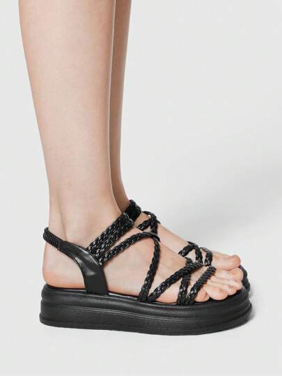 Women's Peep Toe Roman Summer Beach Sandals, Cross-Strap Woven Platform Wedge Heeled Sandals Spring Shoes Spring Break Easter