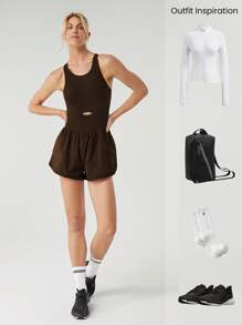SHEIN GLOWMODE X Marika Sila 2.5 英寸 FeatherFit™ 无袖二合一海豚下摆高性能运动连体裤低冲击瑜伽工作室黑色连体裤夏季连体裤女士连体裤 - 肉桂靈感 - 查看 8
