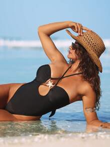 Swim Vcay 1 pièce Maillot de bain sexy pour femme de couleur unie avec décoration d'étoile dorée, slip tanga à dos ouvert, monokini sexy pour adultes à la plage - Noir - Voir 3
