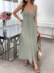 SHEIN LUNE Váy xanh đậu phong cách resort mềm mại như vải lanh dành cho nữ - Màu xanh Ô liu - Xem 7