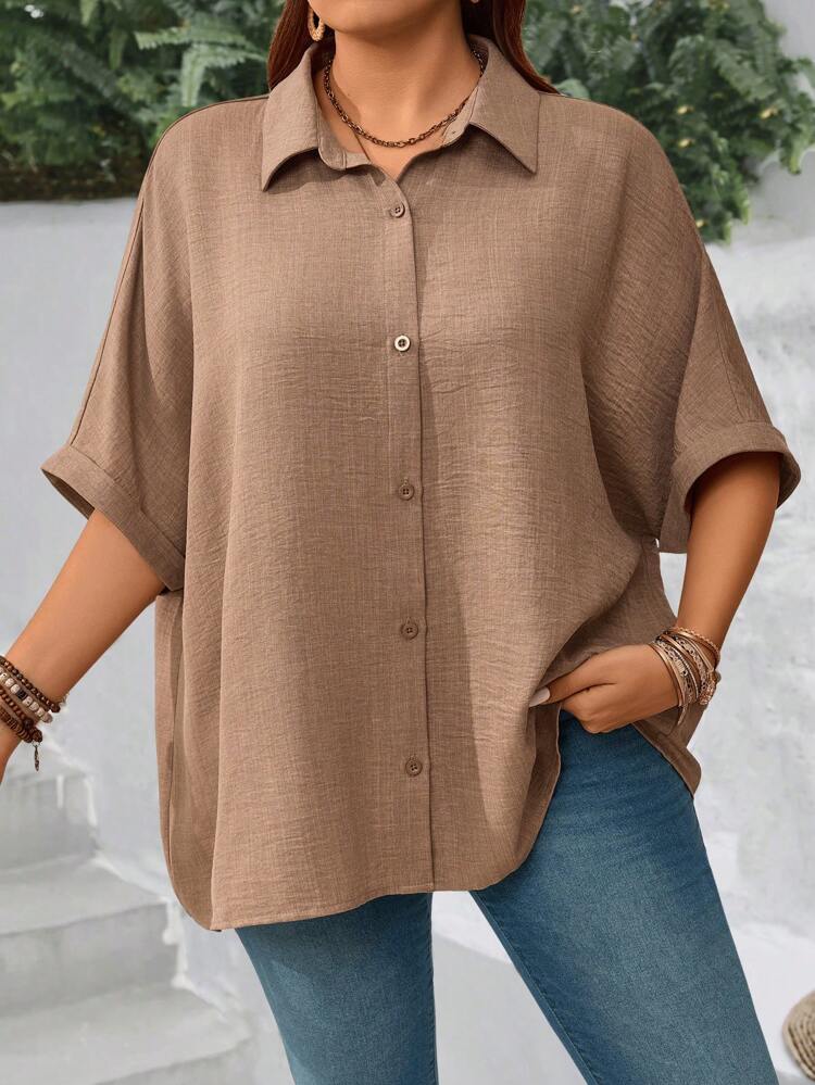Plus Size Women's Solid Color Batwing Sleeve Loose Single-Breasted Casual Shirt, Vacation Woman, Summer