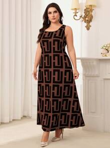 Modelyn Conjunto de 2 piezas de talla grande con parte superior de manga abullonada en unicolor y vestido largo de estampado completo