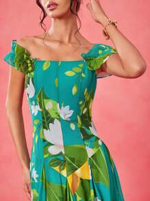 BELANGE HANDMADE Designer Boho Bohemian Multicolor Chiffon Lemon & Green Plant Print Off Shoulder Ruffle Sleeve Corset Bodice Drop Waist Elegant Maxi Sun Dress, Festival, Tropical, Summer, Beach, For Women, Vacation Casual Western Wear, Concert Outfit Resort Spring Maxi Dress Vacation Tropical Elegant Dress Women Evening Gown Prom Dresses Evening Dress Formal Dress Floral Dress Wedding Rave Outfit - Multicolor - View 7