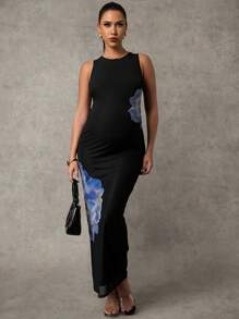 MaterniChic Maternity Bodycon Floral Print Round Neck Sleeveless Casual Dress