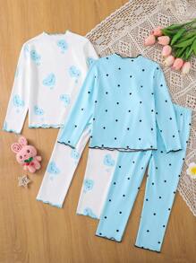 SHEIN Leap Crew 2pcs Young Girl Young Girl Knit Polka Dot Heart Pattern Round Neck Sweater And Knit Pants Set, Homewear - Blue - View 2