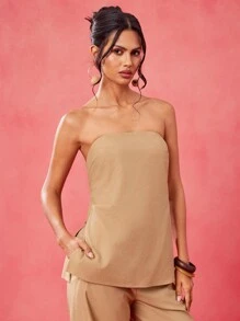 Charllene Santos ملابس علوية أنيق كاكي فاتح، بتصميم بسيط، منسدل من الكتفين، قابل للتعديل، بربطة على الرقبة والظهر، مناسب للمهرجانات - كاكي - مشاهدة 3