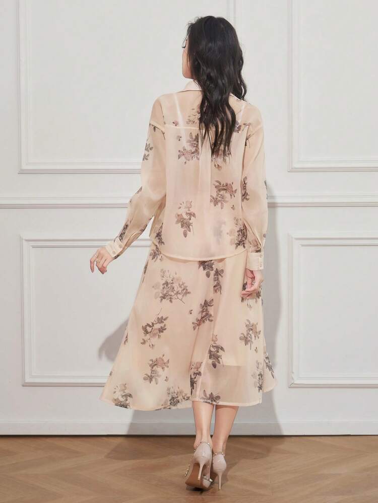 2pcs/Set Women Office Wear Floral Lantern Sleeve Blouse & Skirt,Ruffle,Fall Women Clothes Easter