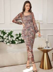 Modelyn Women's Long Tie-Dye Floral Print Bodycon Dress, Elegant And Charming, Spring/Summer