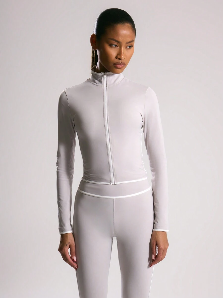 Musera Sport Contrast Piping High Neck Zip Through Top, Padel, Tennis, Pickleball Gym Fitness - Light Grey - View 1
