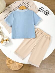 2pcs/Set Toddler Boys' Chinese Style Summer Printed Woven Buttons Hanfu Shorts Set, Suitable For Casual Daily Wear - Blue - View 2
