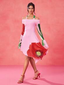 BELANGE HANDMADE Designer Pink Floral Halter Tie Neck Long Flared Sleeve Asymmetrical Hem Valentine's Day Dating Dress, Festival, Concert Outfit Spring Dresses For Women Festival Outfits For Women Cocktail Dresses Women Spring Dress Party Dresses For Women Cocktail Dresses, Rave, Pastel, Prom Dress