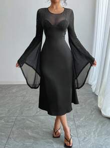 DAZY Vestido de fiesta de longitud media con mangas de campana, cuello de malla con strass, adecuado para citas, bailes de graduación, vestidos formales de mujer, vestido largo de manga larga para otoño con volantes