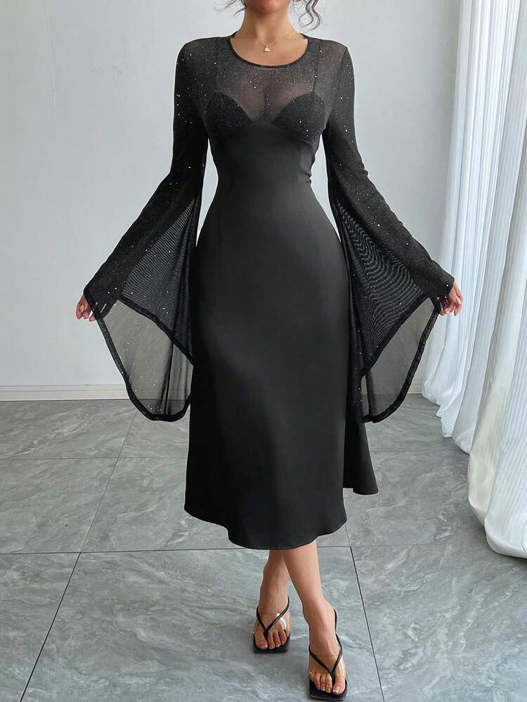 Women's Rhinestone Mesh Splice Bell Sleeve Mid-Length Party Dress, Suitable For Date Night Prom Dress,Ruffle,Formal Women Dresses,Fall Dress Long Sleeve Dress