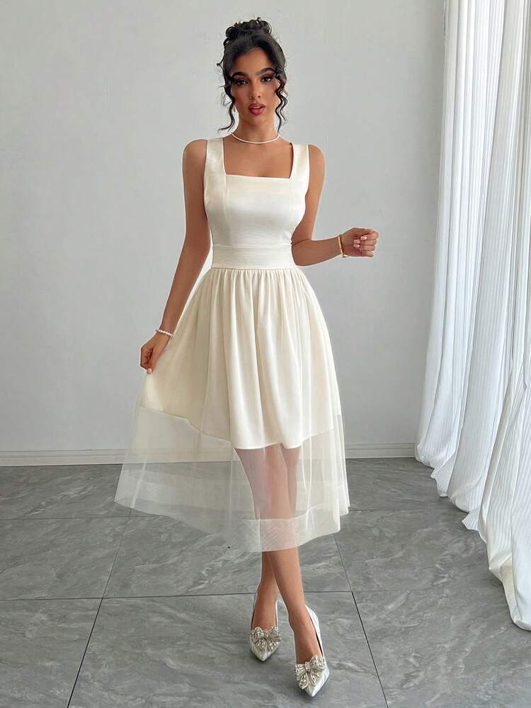 Women's Satin Prom Party Dress With Waist Cinching, Sheer Mesh Panel Hem And Spaghetti Straps, A-Line Silhouette Prom Dress Sundress,Casual Women Dresses