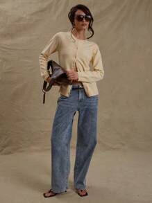 MUSERA Crew Neck Button Down Ribbed Cuff Long Sleeve Fitted Cardigan Spring Cute Y2k For Spring Casual Cute 90's Sun Butter Yellow Butter Wouldn't Melt Holiday Airport  Chic - Yellow - View 3