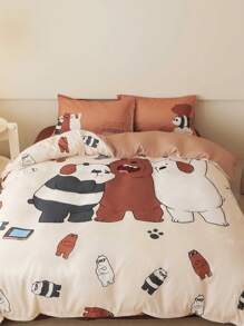 We Bare Bears X SHEIN 3pc Cartoon Bear Pattern Cute Brown Bedding Set,Suitable For Single Bed/Double Bed/Queen Bed/King Bed, Dormitory/Home - Brown - View 2
