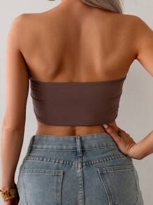 SHEIN Swim 女士纯色抹胸简约比基尼上衣休闲泳装，夏季海滩度假 - 棕色 - 查看 2