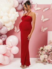Loomaby Pregnant Women 3D Flower Red Maternity Dress, For Baby Shower Party, Valentine's Day
