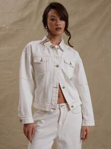 MUSERA Contrast Stitch Long Sleeve Denim Jacket Only Street Style Y2k 90's Country Rave Concert Festival Vacation Streetwear Back To School Casual Everyday Work Office Casual Fall Winter  Chic - White - View 1