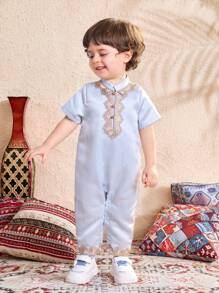 SHEIN Baby Boy/Girl Embroidered Traditional Pattern Short Sleeve Jumpsuit - Baby Blue - View 8