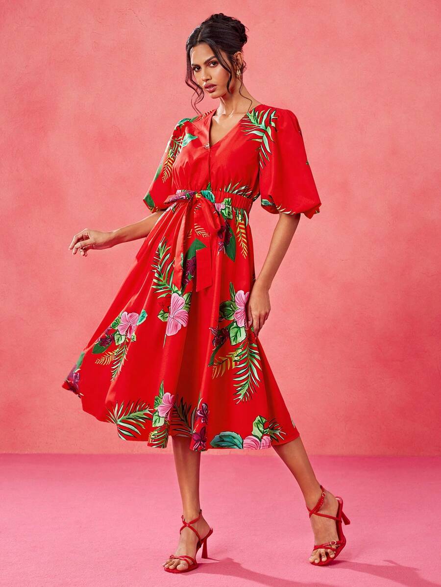 EBIB 设计师波西米亚风波西米亚红色热带印花泡泡袖深 V 腰系带中长连衣裙、节日、音乐会服装、狂欢、舞会礼服