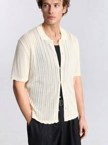 Ontre Men's Cardigans Short Sleeve Solid Color Casual Minimalist Style, Suitable For Everyday Wear - Beige - View 3