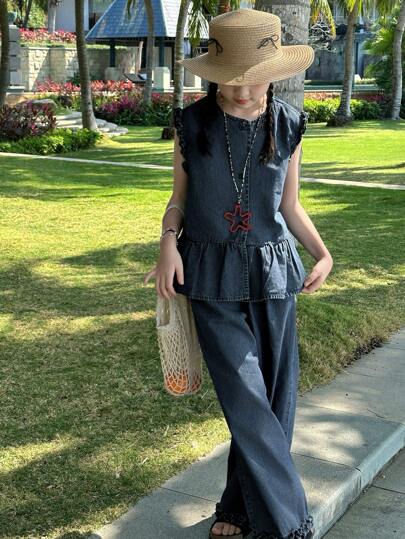 DAZY Tween Girl' Fall Sleeveless Denim Set For Girls, Spring/Summer,Back To School Clothes