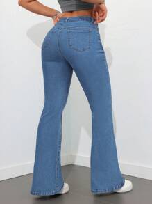 SHEIN Tall High Waist Denim Flared Pants, Minimalist Fashion Casual Daily Wear - Medium Wash - View 2