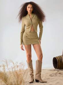 Athîral Western Wear Women's Plain Casual Rivet Detail Straight Skirt, Versatile For Daily Wear - Khaki - View 5