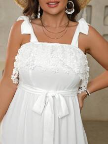 Clasi Vestido blanco de talla grande para mujer con ajuste regular, adornos de encaje y lazo en la parte delantera, ideal para vacaciones de primavera/verano, San Patricio, festivales, primavera y estilo bohemio - Blanco - Ver 4