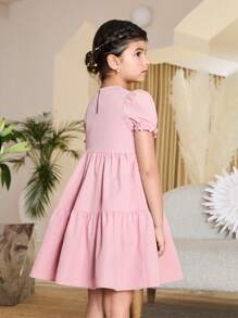Young Girls' Large Rose Flower Decor Puff Sleeve Dresses - Baby Pink - View 7