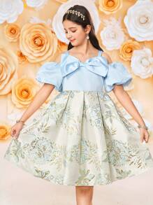 SHEIN فستان حفلة أنيق للفتيات المراهقات ذو حمالات لؤلؤية وأكتاف منكشفة، مزين بعقدة، فصوص كم منفوخ، من قماش البروكار الراقي، مناسب للحفلات والعودة للمدرسة والأسلوب الفرنسي الأنيق وأسلوب الأميرة وأحداث الزفاف وأعياد الميلاد - الأزرق - مشاهدة 9