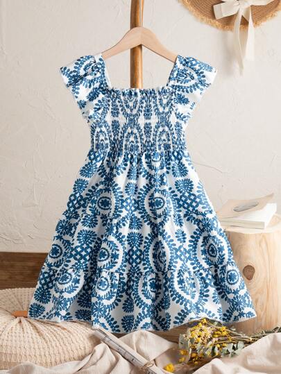 SHEIN Ramadan Young Girls Vintage Print Cap Sleeve Patched Cake Hem Dress, Retro