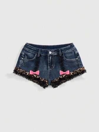 Kawaii Y2K Harajuku Style Cute Bow Leopard Print & Ruffled Lace Patchwork Super Low-Waist Women Jeans