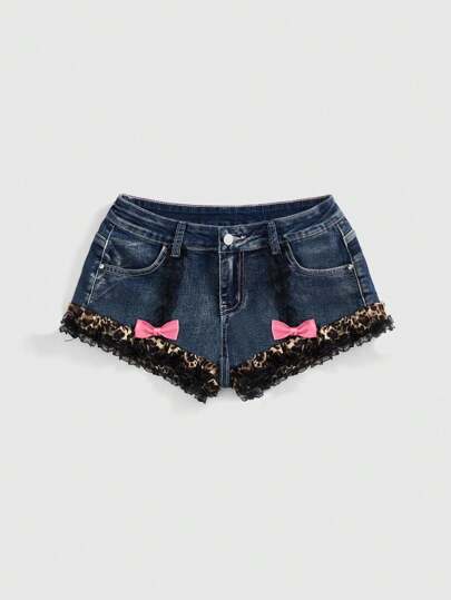 Kawaii Y2K Harajuku Style Cute Bow Leopard Print & Ruffled Lace Patchwork Super Low-Waist Women Jeans