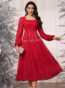 Modelyn 女士优雅编织提花面料方领拼接银色丝带前水钻装饰修身长裙 - 紅色 - 查看 2