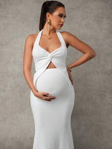 MaterniChic 2 件套孕妇纯色扭纹前部无袖上衣和可调节腰部长裙 - 白色 - 查看 2