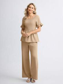 Miaspire 2pcs/Set Women Solid Color Short Sleeve Top And Long Pants Casual Outfit