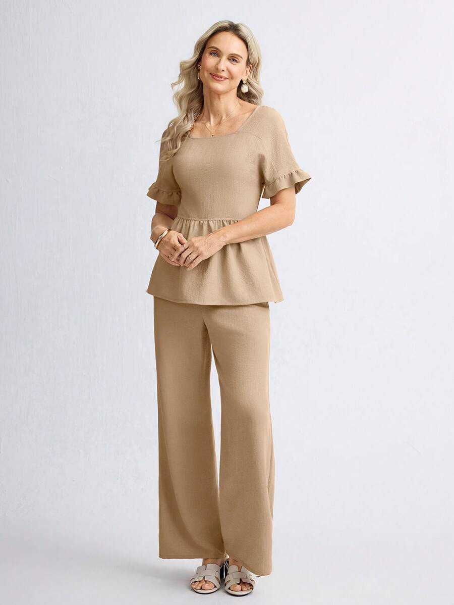 Miaspire 2pcs/Set Women Solid Color Short Sleeve Top And Long Pants Casual Outfit