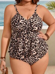 Swim Lushoire 2 件大码女式豹纹细肩带上衣，配有抽绳和高腰褶皱三角裤比基尼套装，度假，适合夏季海滩