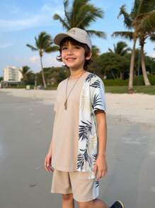 2pcs/Set Tween Boy' Casual Coconut Tree Print Round Neck Short Sleeve T-Shirt And Sports Shorts Set, Beach/Travel Holiday - Khaki - View 2