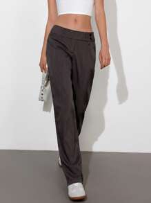 Femmeiva Women's Retro Oversized Waist Low-Rise Flared Leg Long Pants Fall Cloth For Women - Dark Grey - View 5