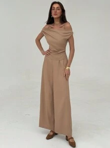 Aloruh Khaki Simple Office Lady Off Shoulder Ruched Blouse + Regular Ruched Wide-Leg Pants Set