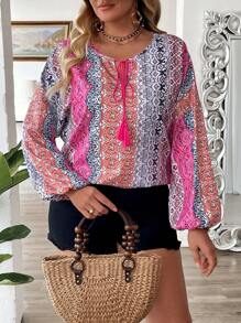 Breezaya Blusa de talla grande con estampado floral bohemio y lazo con flecos adelante