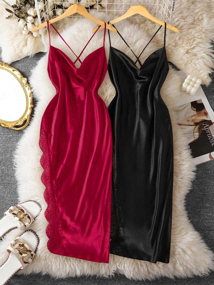 2件套女士性感蕾丝拼布开衩长款睡袍 - 彩色 - 查看 1