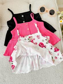 SHEIN LMoss Kids 3er Set süßer Baby Mädchen Floral Strick Volant Träger Top, vielseitiger Sommer Outfit